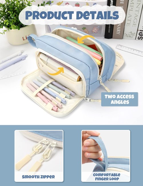 SUNEE Large Pencil Case, Big Capacity Pen Pouch with 3 Compartments, Kawaii Cute Pencil Bag with Zipper, High Storage Stationery Holder and Organizer, School Supplies for Teen and Adult Girls, Blue