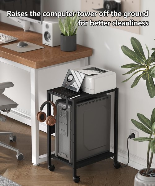 Akxomel 16.5" W Computer Tower Stand with Charging Station and USB Port, 2 Tier Mobile Floor PC Stand Fits Under Desk, Rolling Printer Stand with Hooks, CPU Holder Cart for Carpet, Home Office