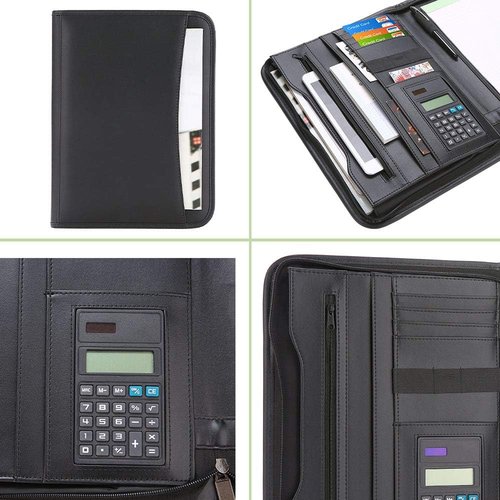 Regine Switzerland Zippered Padfolio - Black PU Leather Organizer with Calculator & 10.1 Inch Sleeve