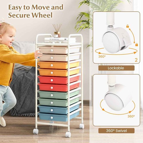 FUTADA 10-Drawer Rolling Storage Cart, Multi-Color, Alloy Steel Frame, Plastic Drawers, Lockable Casters