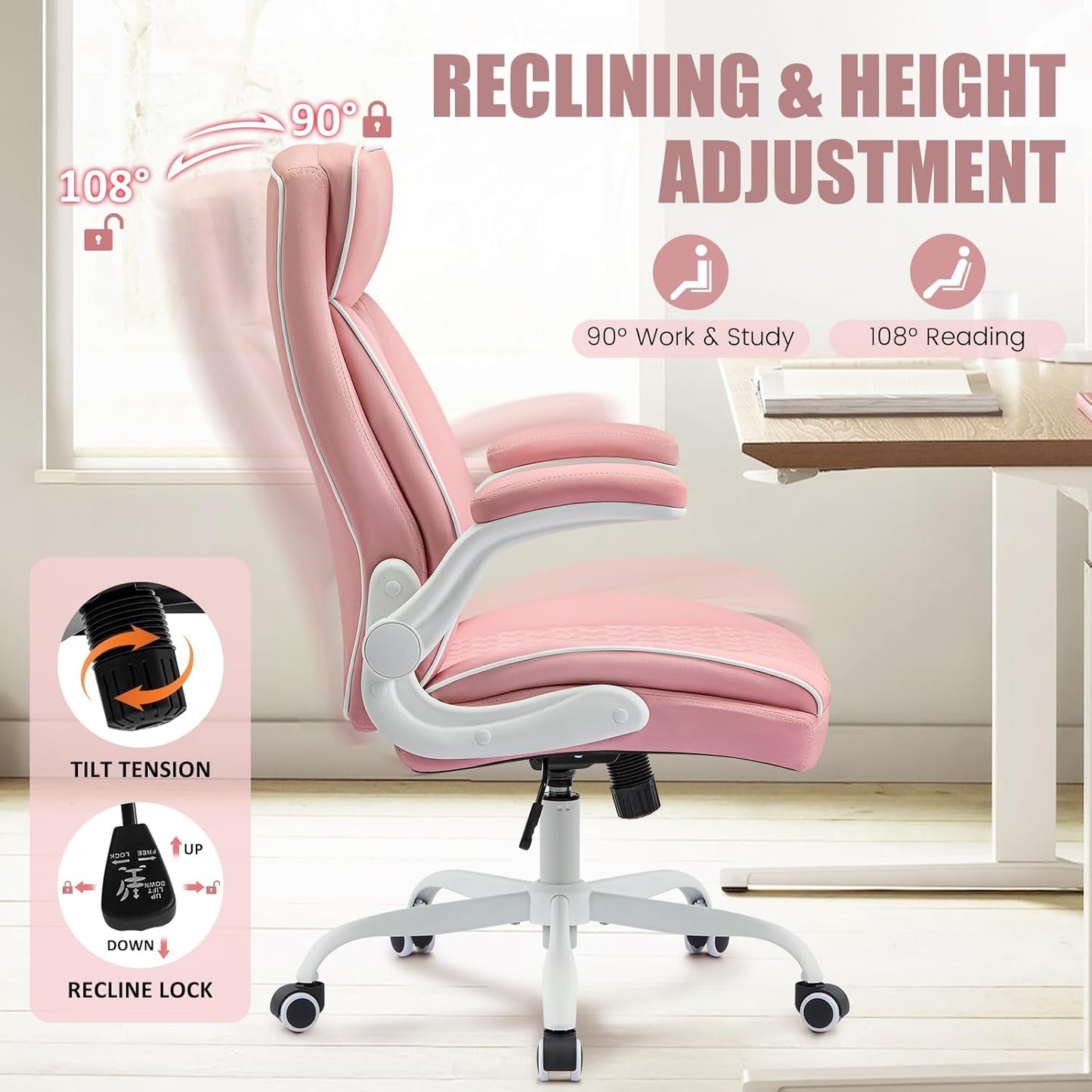Skiennix Leather Office Chair - Comfortable Executive Desk Chair with Lumbar Support | Pink, 400lbs Capacity