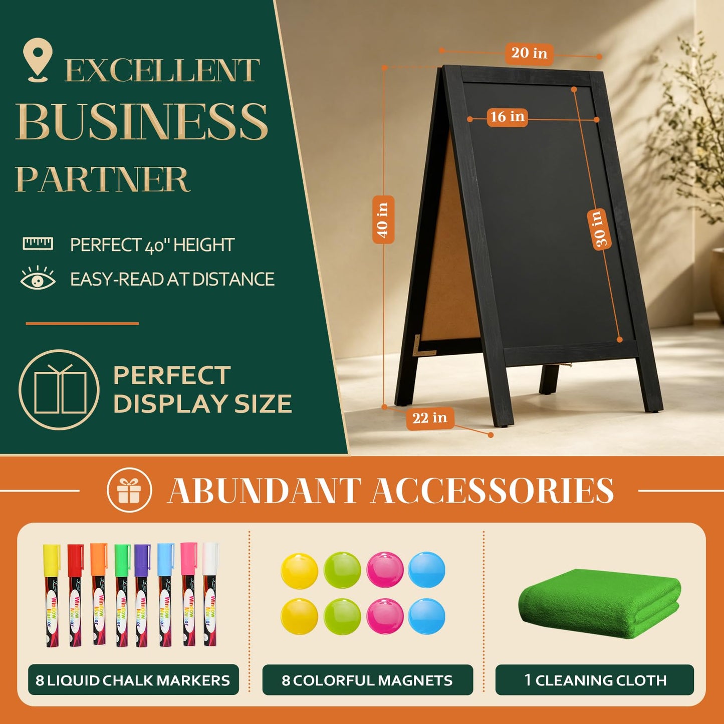 4 THOUGHT A-Frame Double-Sided Magnetic Chalkboard 40"x20", Solid Pine Wood Freestanding Sandwich Board for Restaurants, Cafes, Weddings (Black)