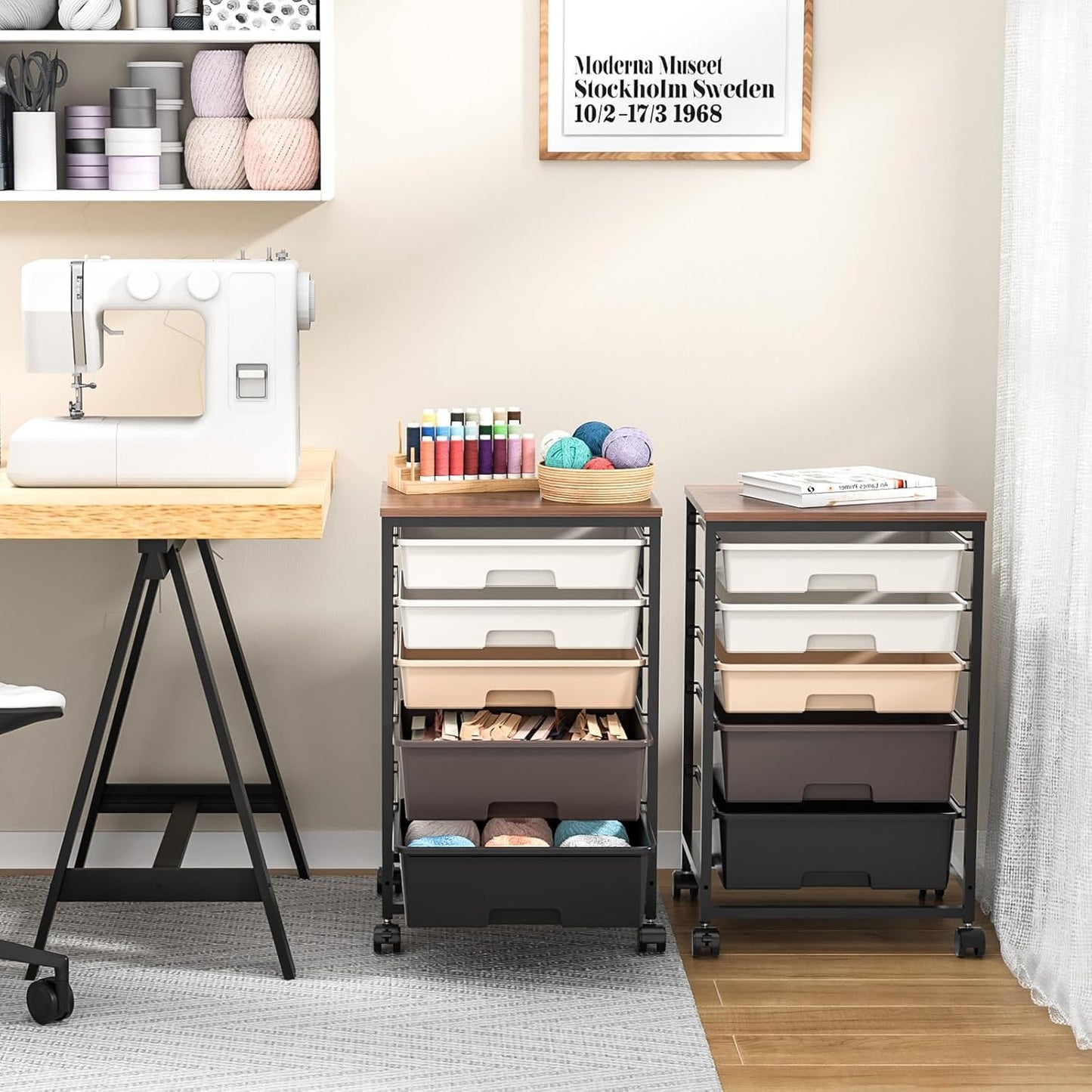 SYKIARIOL Utility Cart - 5-Tier Rolling Storage Cart with Lockable Wheels & Wooden Tabletop - Dark Brown