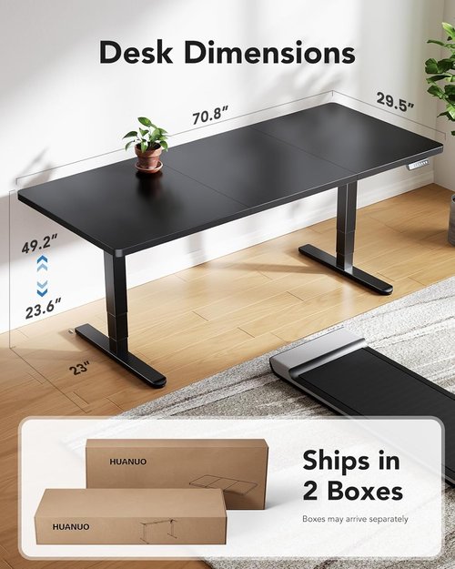 HUANUO Electric Standing Desk - 70x30 Inch Height Adjustable Office Desk with 4 Memory Presets & Hooks - Black