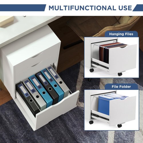 HollyHOME 3-Drawer Wood File Cabinet, Under Desk Cabinet for Home Office, Rolling Storage Shelf for Home, Printer Stand, for A4, Letter-Size, 11.8in Hanging File Folders, White