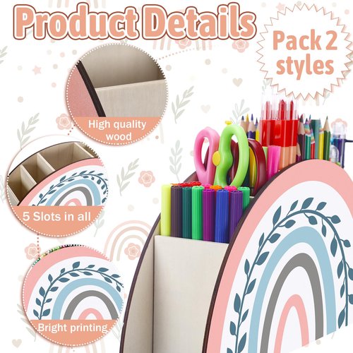 Jetec 2 Pcs Boho Teacher Appreciation Gifts Pencil Holder Rainbow Shape Pencil Holder for Teacher Supplies Wooden Desktop Organizer Sign Desk Gifts(Classic Rainbow)