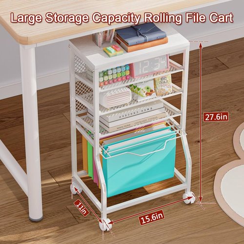 INGIORDAR Rolling File Cart,Under Desk Organizer on Lockable Wheels and Mesh Sliding Trays Multi-Functional Rolling Clutter Cart for Office, Home, School (White, 5 Tier)