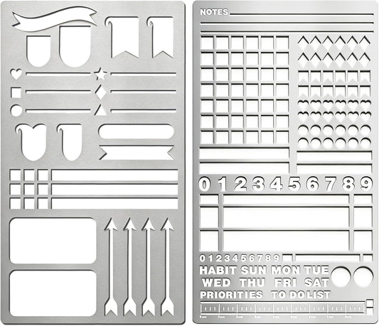 Skiennix Metal Journal Stencils - Reusable Stainless Steel for Creative Journaling | 2 Pack