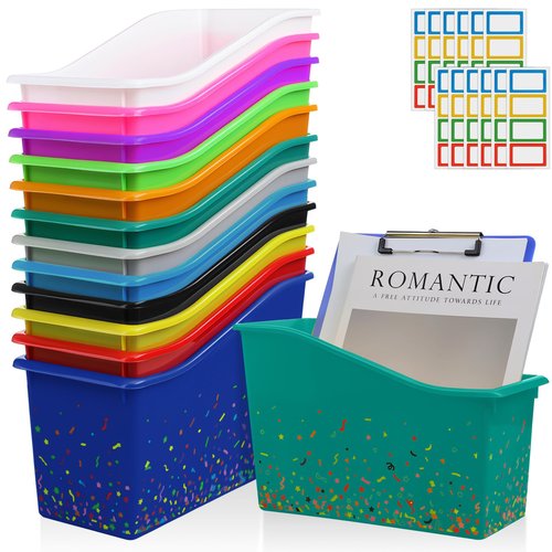 Jinei 24 Pack Multicolor Book Bins for Classroom Bulk Confetti Book and Binder Holders with Name Labels Assorted Color Plastic Classroom Organization Basket Box Teacher Storage Bins for Home Office