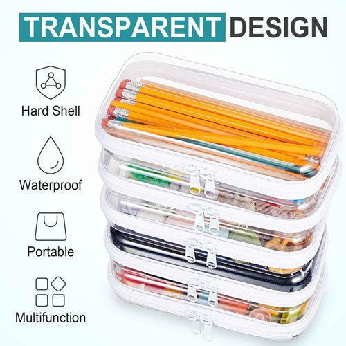 Qiyaz 15 Pcs Clear Hard Shell Zipper Case Plastic Bins Transparent Double Zippers Hard Pouch Clear Plastic Storage Box Containers for Building Blocks Cosmetics, Puzzles(7.5 x 4 Inches)