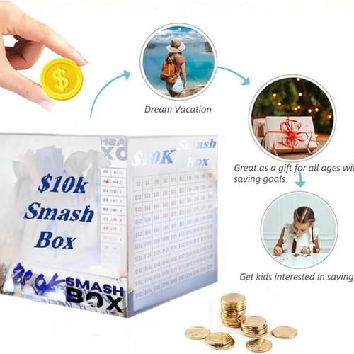 Durable Acrylic DIY Smash Box for Money 10k Savings - Buckle Design, Transparent, Secure & Portable - Ideal Cash Savings Box