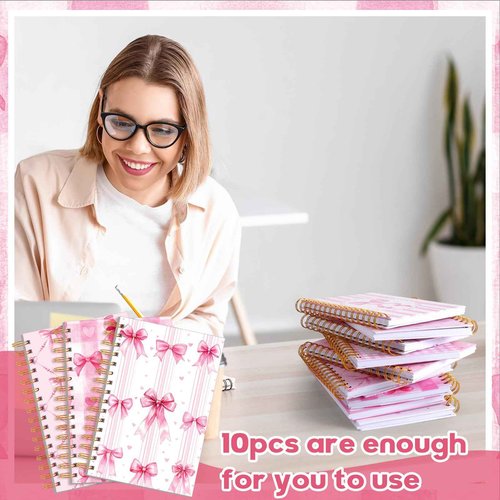10 Pcs Christmas Gifts Coquette Pink Bow Notebook Bulk 8.3 x 5.5 Inch Spiral Aesthetic Preppy Notebook, 80 Pages, Cute Notepad Journal for Women Office Supplies Coquette Birthday Gifts Party Favors