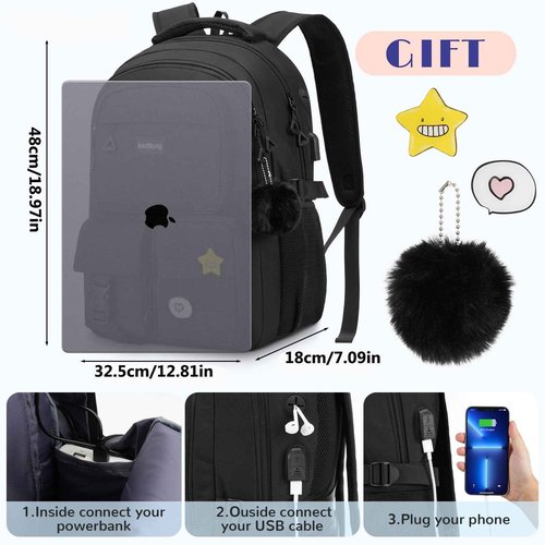 kadilong 17.3 Inch Laptop Backpack for Women Teen Girls Bookbag for College Student Middle High School Mochila Escolares para Niñas Mujeres(Black)