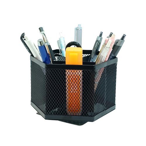 SETTFRFE Hexagon 360° Rotating Pen Organizer for Desk,6 Compartments Mesh Pencil Holder,Desktop Caddy Organizer,Black.