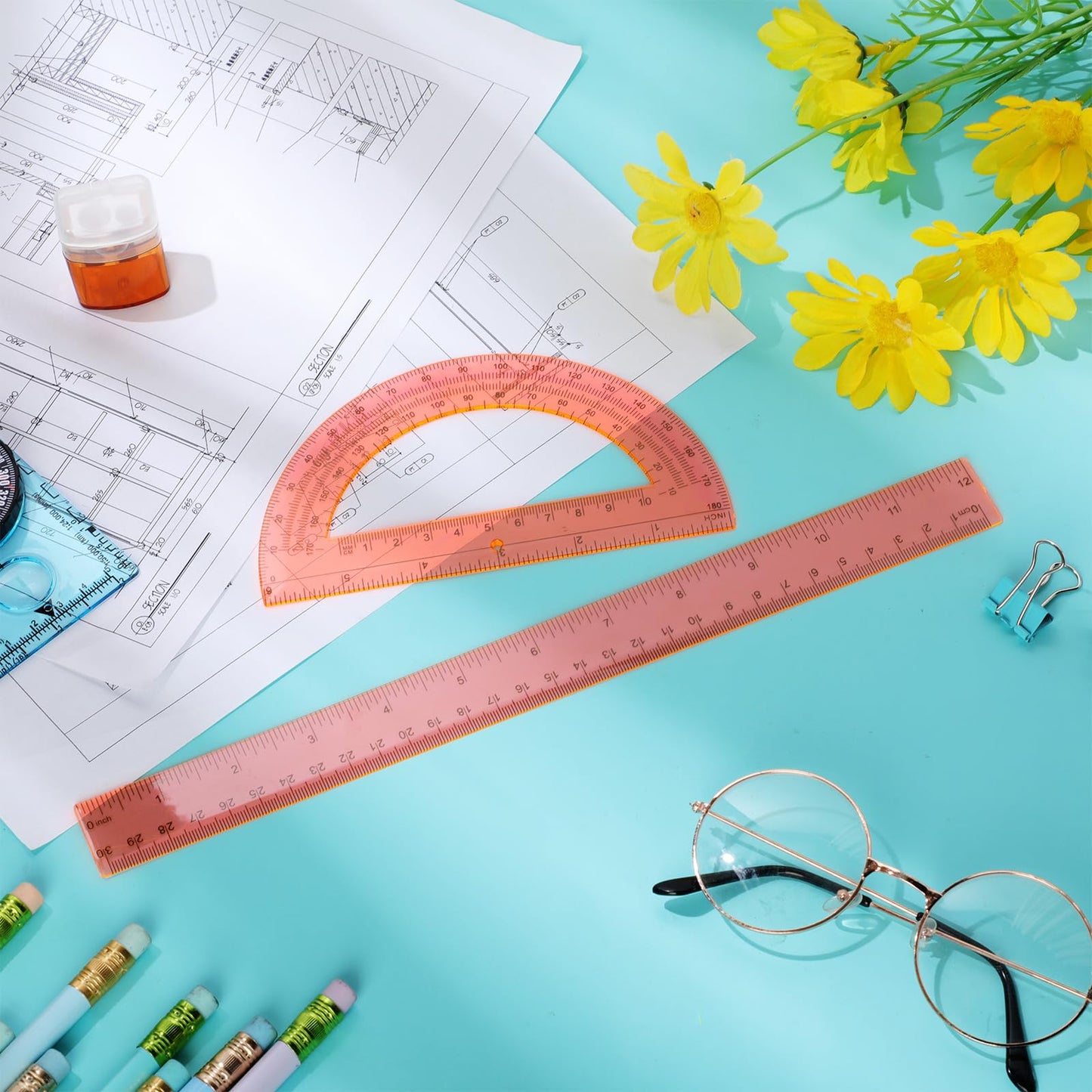 Zonon 2 Pcs 12 Inch Clear Ruler and 6 Inch Plastic Protractor Set, Dual Scale Inch/Cm Math Geometry Measuring Tools for Back to School Students Teachers Classroom Office Drafting Use(Orange)