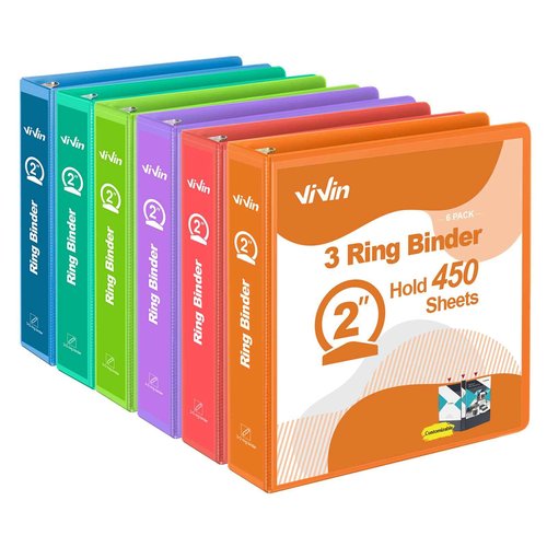 ViVin 2 Inch Round Ring View Binder for Durability, Standard 3 Ring Binder for 450 Sheets of US Letter Size Paper, PVC-Free, 6-Pack (Assorted)