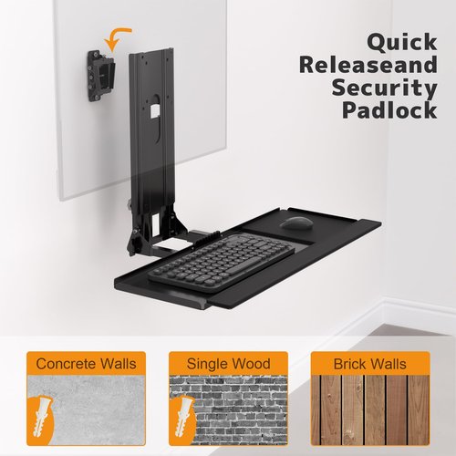 Monitor and Keyboard Wall Mount with CPU Holder for 32" Monitors (55 lbs Max), Keyboard Tray (4.4 lbs Load) & CPU Holder (22 lbs Capacity) - Height Adjustable, with Mouse Pad, VESA75/100