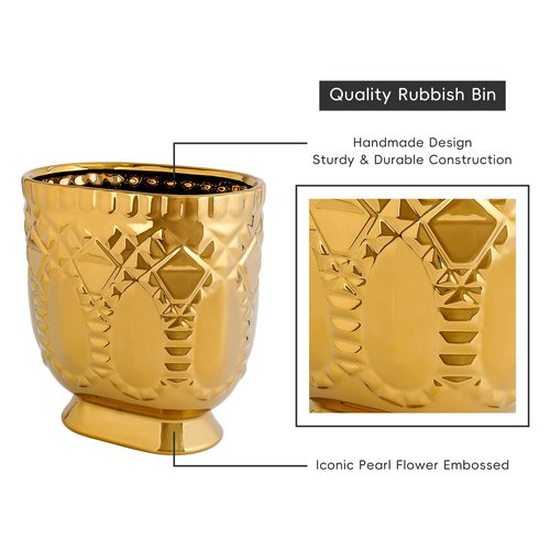 TCQMSS Modern Golden Trash Can, Ceramic Waste Container Garbage Receptacle Bin for Bathrooms, Powder Rooms, Kitchens - Stylish Wastebasket Garbage Can for Home & Office
