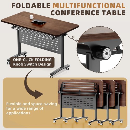 LoLuco Conference Table, Mobile Folding Conference Room Table with Wheels, Seminar Table with Flip-Top Design for Offices, Meeting Rooms and Classrooms (Black Walnut Desktop + Black Base, 63×24×30in)