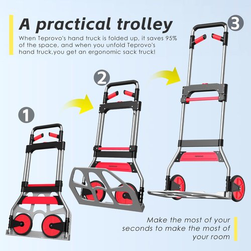 Teprovo Folding Hand Truck Dolly Cart,340LB Capacity Portable Aluminum Dolly Cart with Telescoping Handle and 7 Inch Rubber Wheels for Moving