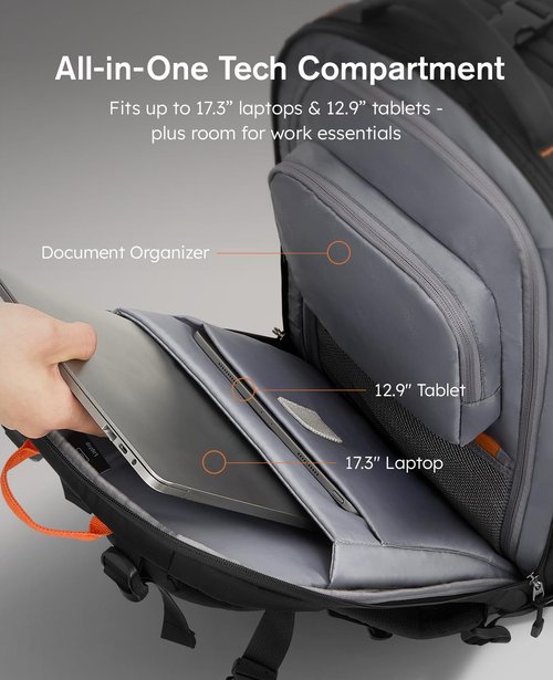 Tolaccea Travel Laptop Backpack, TSA Friendly Flight Approved Carry-on Business Rucksack Work Backpack with Extra Toiletry Bag, Dual Storage for 17.3" Laptop and 12.9" Tablet, 40-45L Expandable