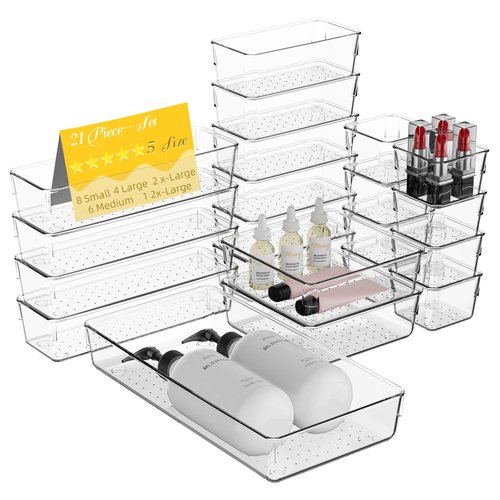 Maxset 21 PCS Clear Plastic Drawer Organizer Set, 5 Sizes Acrylic Drawer Storage Trays Non Slip Storage Bins for Makeup, Jewelry, Gadgets for Kitchen, Bedroom, Bathroom, Office
