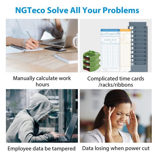NGTeco Time Clock, App Fingerprint Employee Attendance Machine for Employees Small Businesses, No Remote Access 2.4GHz LAN WiFi Time Card Punch Machine (No Monthly Fee)