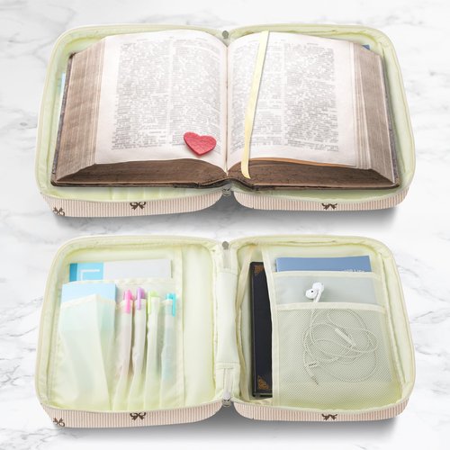 WOBAGMEN Bible Cover Case for Women,Cordoury Bible Cover for Men Women with Handle,Bow Bible Bag,Carrying Case Bible Protective Christian Gift（Bow M）