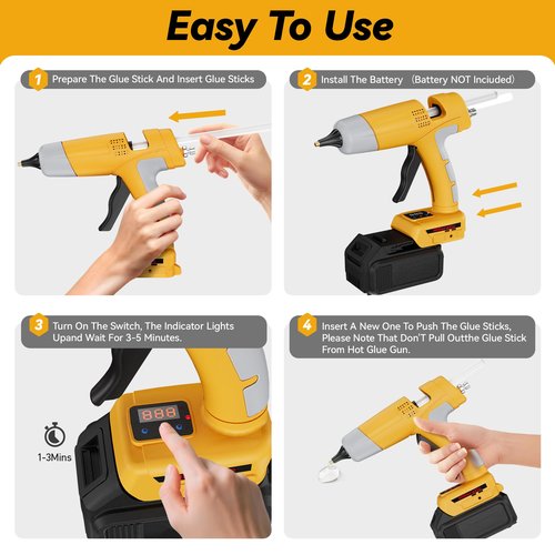 HHieratic Cordless Hot Glue Gun and Sticks Set for DeWalt 20V Battery(Tool Only),Power Heavy Duty Hot Glue Gun with Temperature Display & Glue Volume Control,Craft Glue Guns for Arts & Crafts