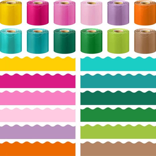 Ctosree 12 Roll 630 ft Colorful Bulletin Board Borders Bulk Scalloped Rolled Border Trim for Classroom Back to School Chalkboard(Summer Colors)