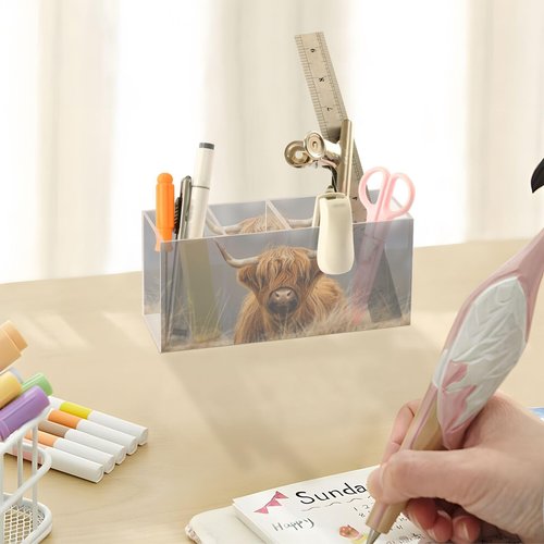 Sletend Highland Cow Cattle Acrylic Pencil Pen Holder Desk Accessories Holder, Cosmetic Brush Organizer Modern Design Desktop Stationery Organizer for Office School and Home 7.87 x 2.48 x 3.54 In