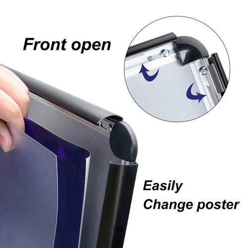 AkTop Adjustable Poster Sign Stand, 11 X 17 Inch Heavy Duty Pedestal Floor Standing Sign Holder, Black Snap-Open Aluminum Frame with Safety Rounded Corner