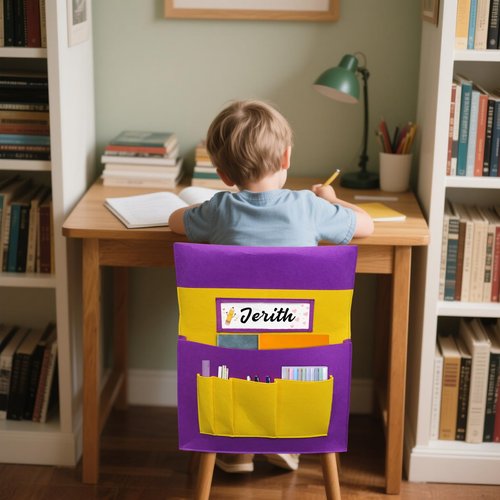 Icegrey 12 Pack Felt Chair Back Pocket School Seat Chair Storage Pocket Organizer with Label Slot Multiple Pockets for School Home Classroom Kindergarten, Black