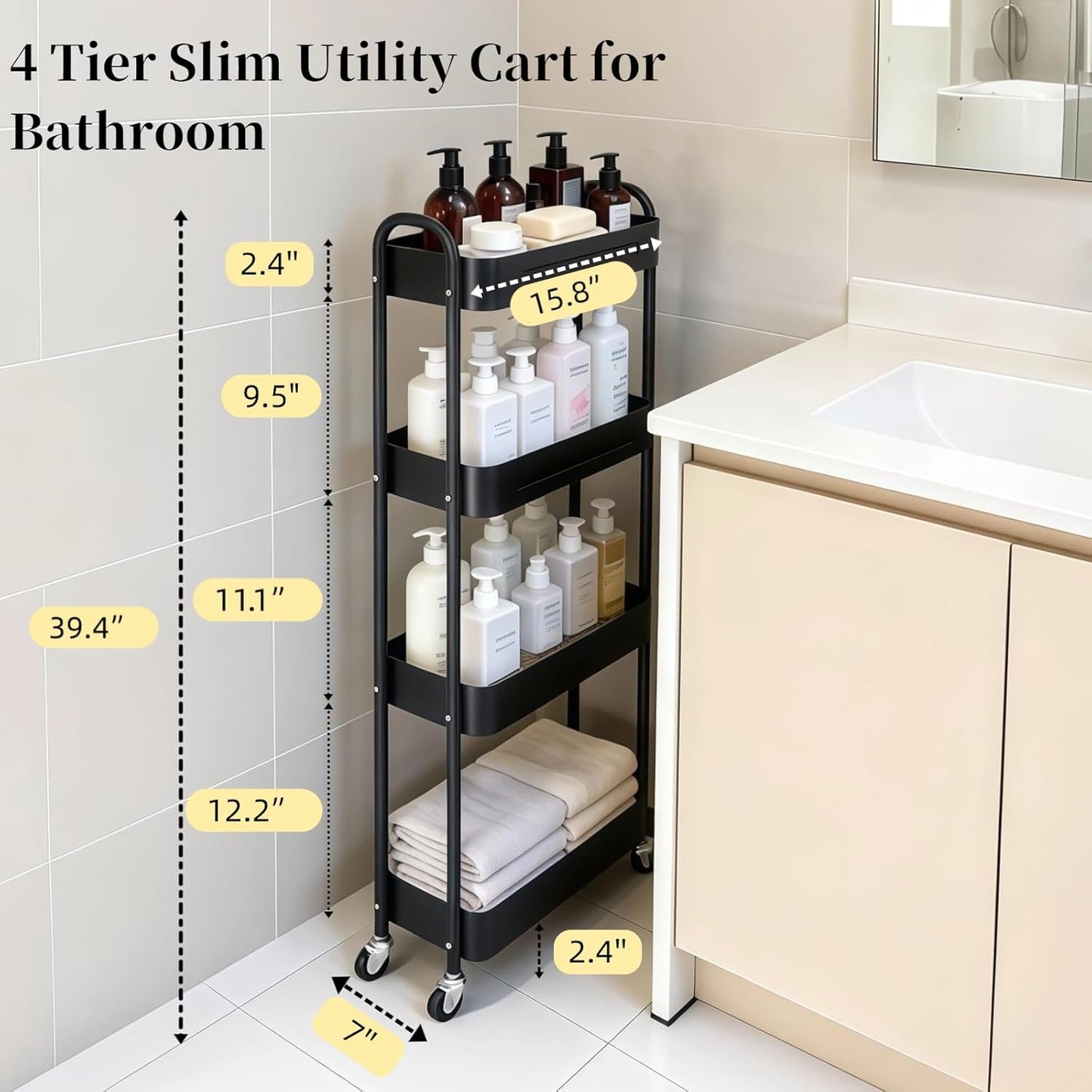 4 Tier Slim Storage Cart - Rolling Laundry Organizer with Lockable Wheels | 7.1'' Narrow Metal Shelf, Black
