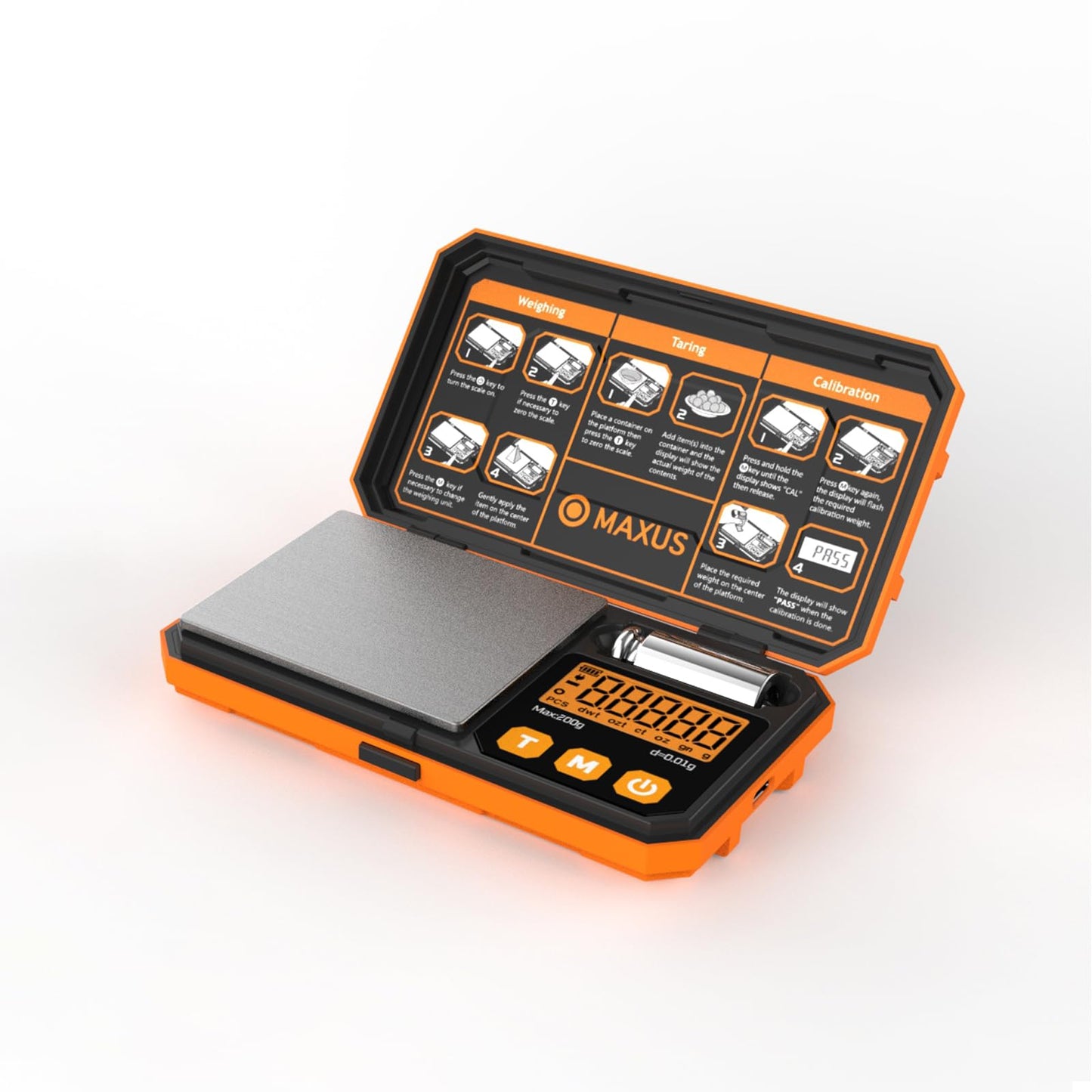 MAXUS Pocket Scale, 200g x 0.01g, with 50g Calibration Weight and USB Cable