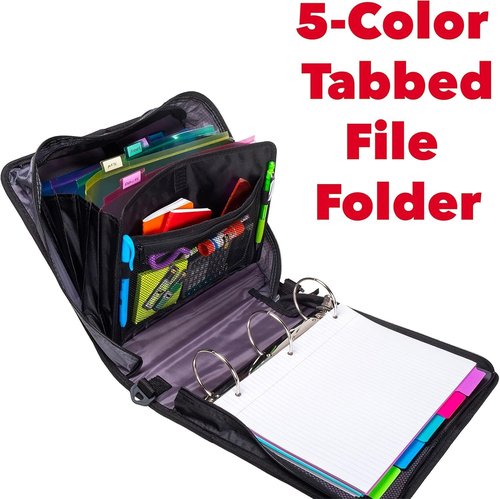 Case-it Mighty Zip Tab Zipper Binder - 3 Inch O-Rings - Expanding File Folder with 600 Sheet Capacity - Jet Black