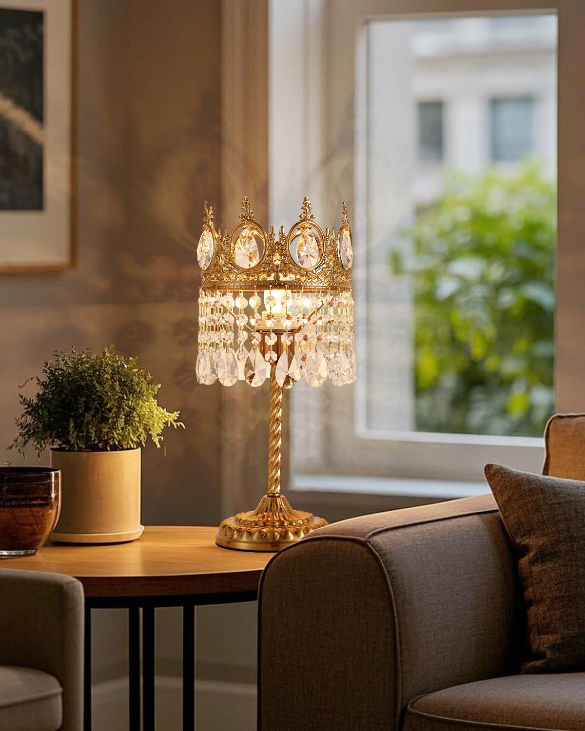 AuroraSpher 17" Gold Crystal Table Lamp for Bedroom, Cute Crown Shape Bedside Lamp for Nightstand, Modern Farmhouse Plug in Desk Lamp for Living Room, Home Office, Home Decor