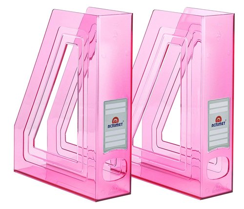 Acrimet Magazine File Holder, Durable Rack, Space-Saving Organizer (Plastic) (Clear Pink Color) (2 pack)