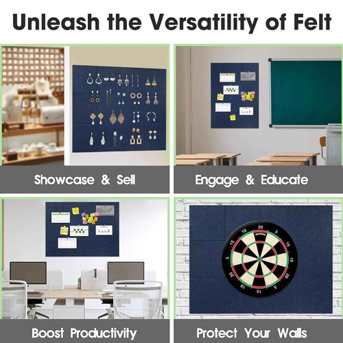 Large Cork Board Felt Wall Tiles, 47"x35" 12 Pack Felt Bulletin Board Pin Board with 48 Safe Removable Adhesive Tabs, 60 Push Pins, Alternative Cork Board for Walls Home Office, Navy Blue