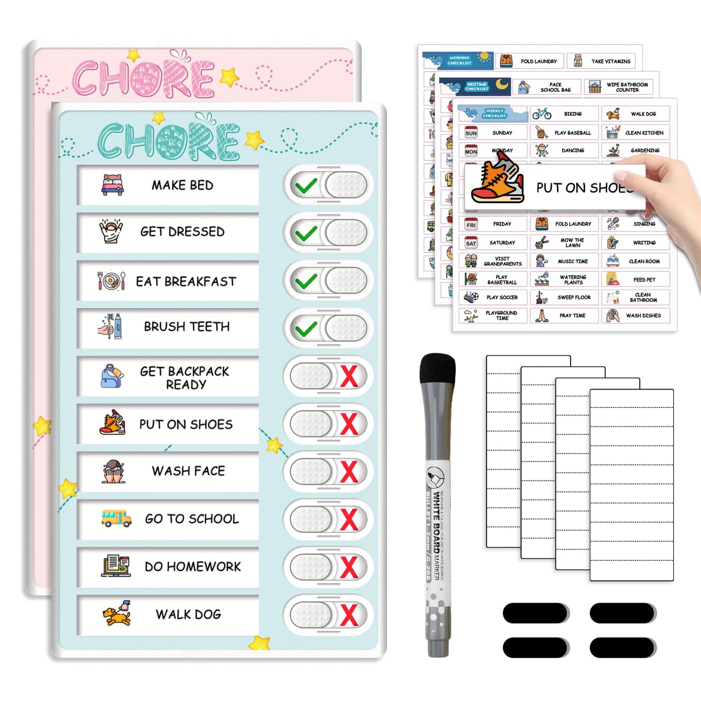 Dry Erase Kids Chore Chart for 2 Kids Pink and Blue - Magnetic Routine Chart with Slider Cute Design Stickers, Morning Bedtime Routine Chart for Toddlers Visual Schedule for Kid