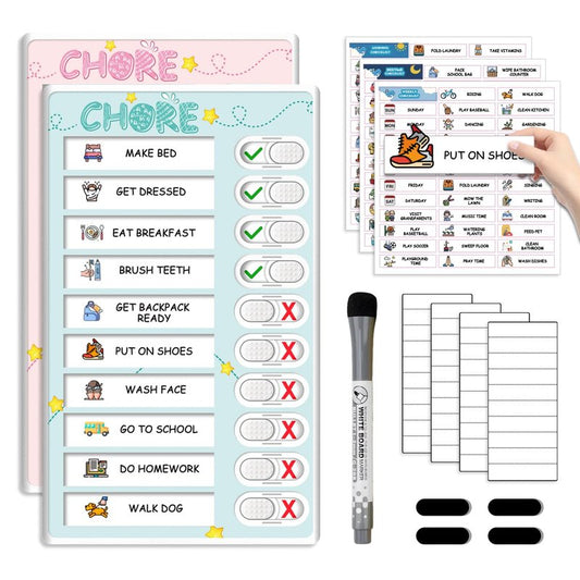 Dry Erase Kids Chore Chart for 2 Kids Pink and Blue - Magnetic Routine Chart with Slider Cute Design Stickers, Morning Bedtime Routine Chart for Toddlers Visual Schedule for Kid