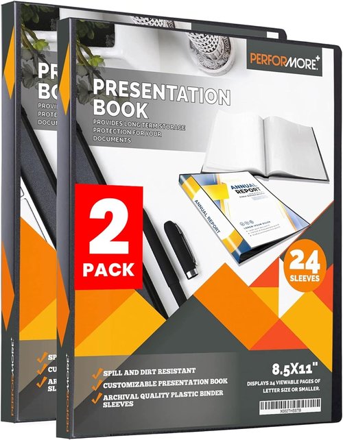 PERFORMORE Presentation Folder - 24 Pocket Display Book with Plastic Sleeves | Black, 48 Pages for 8.5" x 11" Paper
