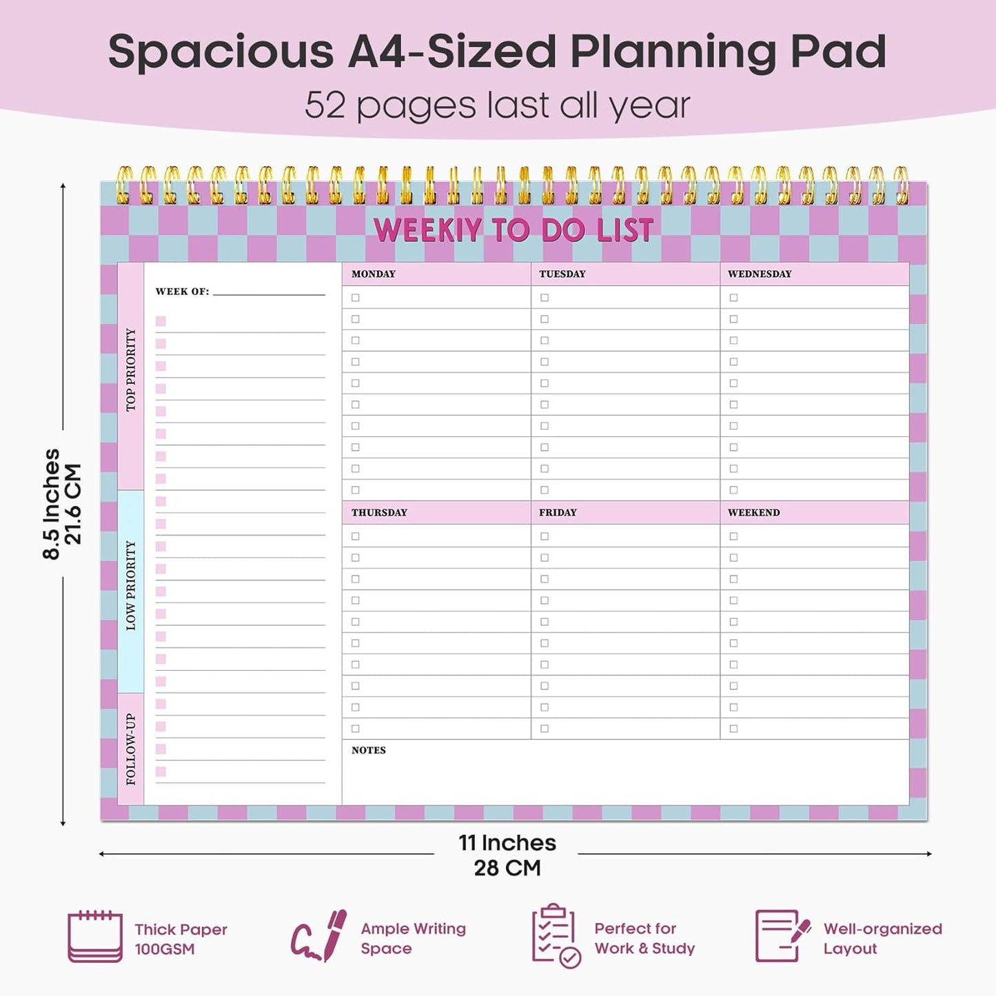 Taja Weekly To-Do List Notepad - 52 Undated Sheets, Lavender Checkered | Desk Planner for Home & Work