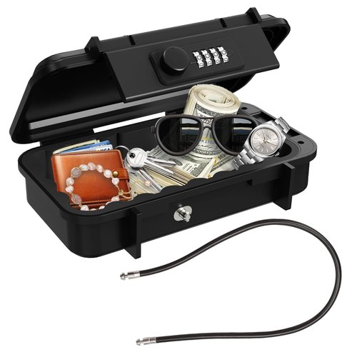 Piclafe Portable Small Lock Box, Waterproof Beach Travel Lock Box, 4-Digit Combination Lock Box with Removable Chain for Travel, Beach, Hotel, Dormitory, Home and Office
