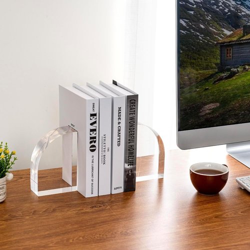 Modern Luxury Premium Clear Acrylic Bookends in Arc Quadrant Shape, Decorative Heavy Duty Book End Holder for Office Desk or Bookshelf Stopper, 1 Pair