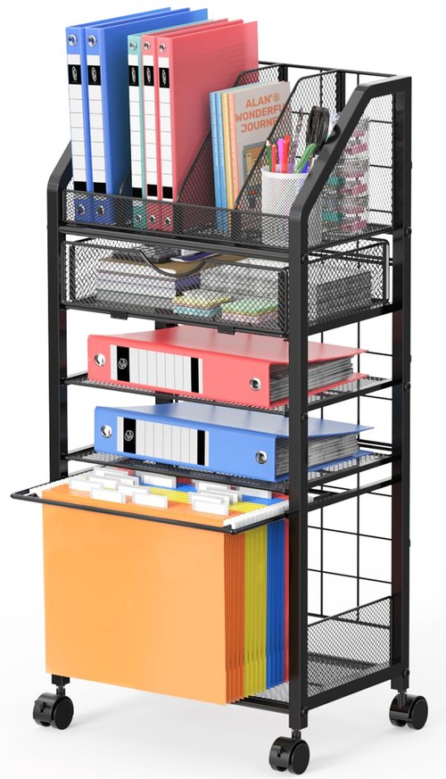 5 Tier Rolling File Cart with Drawer, Metal Office File Cart Organization with Sliding Trays, Teacher Carts with Wheels, Paper Letter Storage Hanging Files Folders for Workspace,Home,School Classroom
