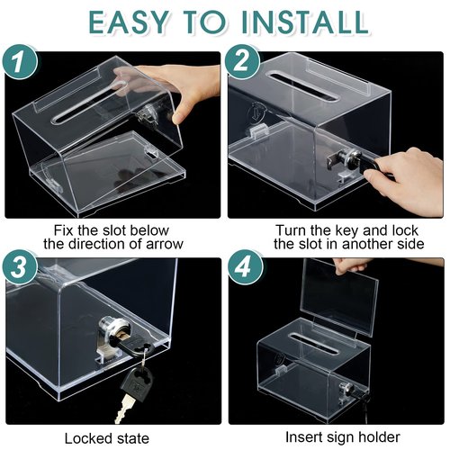 Chunful 6 Pcs Acrylic Donation Box with Lock and Sign Holder Clear Ballot Donation Boxes with Slot for Fundraising Suggestion Box Storage Container for Voting, Raffle Bowl, Tip Jar