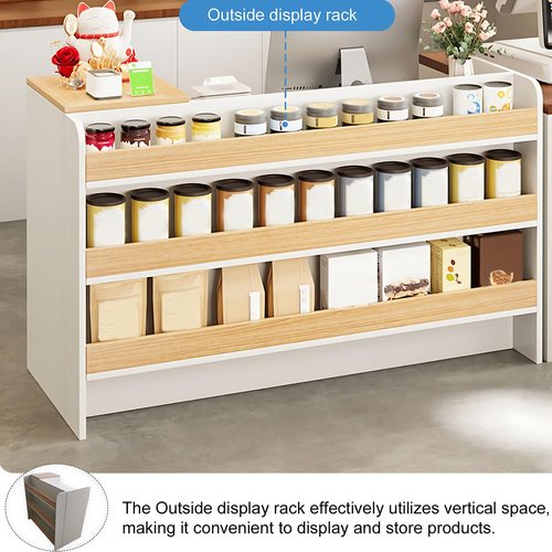 Modern Reception Desk Counter Table, Retail Counter Reception Table with Lockable Drawers, Retail Checkout Counter with Open Shelves