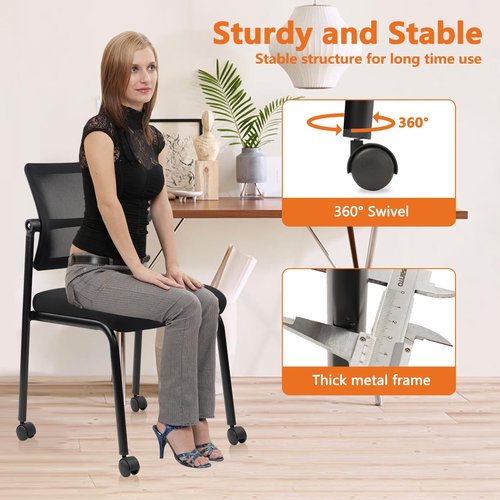 CLATINA Waiting Room Chair with Wheels Adjustable Mesh Backrest Stacking Armless Office Chair, Ergonomic Lumbar Support and Thickened Leather Seats Cushion for Home Conference Lobby Side School Black