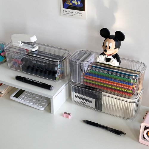 NINEWEEN 3 Pack Clear Pen Organizer for Desk Drawer, Plastic Home Office Supplies Storage Container for Marker, Crayons, Brushes, Mini Toys, Art Crafts, Pencil Case with Lid